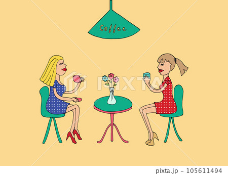 Two women drinking coffee. Hand-drawn flat illustration 105611494