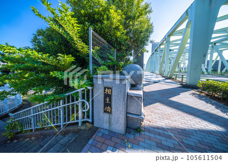 日本の東京都市景観 相生橋たもとの江東区立「中の島公園」への出入口（画面左）など 105611504