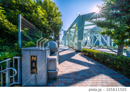 日本の東京都市景観 相生橋たもとの江東区立「中の島公園」への出入口（画面左）など 105611505