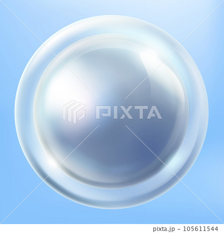 Transparent round glass button inside pearl blue molecule. isolated on a blue background. 3d vector illustration. Transparent round glass button inside pearl blue molecule. isolated on a blue background. 3d vector illustration. 105611544