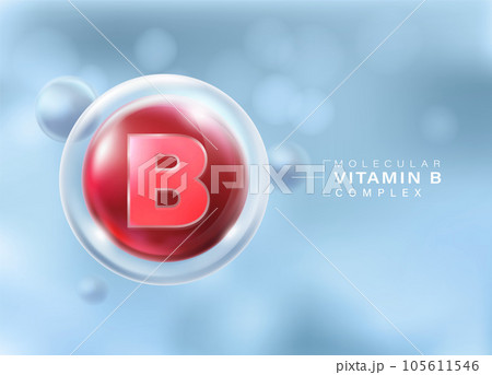 Vitamin B Complex Molecule floating in front of isolated blue background. important vitamins that nourish the body Advertising media for dietary supplements, cosmetics, multivitamins. Vitamin B Complex Molecule floating in front of isolated blue background. important vitamins that nourish the body Advertising media for dietary supplements, cosmetics, multivitamins. 105611546