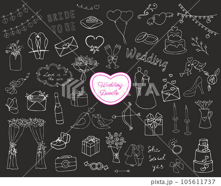 Wedding doodle set on black background, illustration 105611737