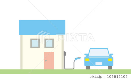 小さな四角い家で充電する電気自動車のイラスト 小さな四角い家で充電する電気自動車のイラスト 105612103