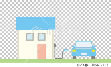 小さな四角い家で充電する電気自動車のイラスト 小さな四角い家で充電する電気自動車のイラスト 105612103
