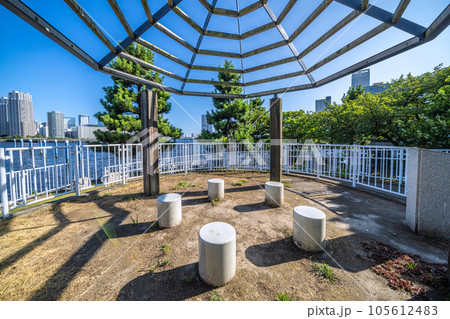 日本の東京都市景観 相生橋たもとの江東区立「中の島公園」などを望む（画面左奥は豊洲） 105612483