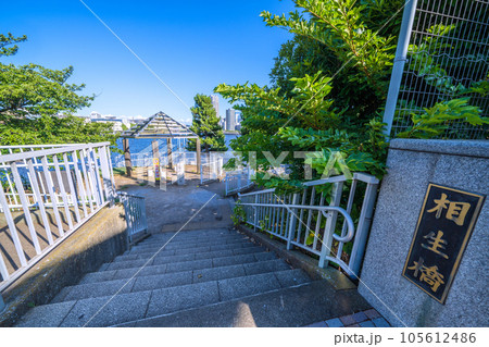 日本の東京都市景観 相生橋たもとの江東区立「中の島公園」などを望む(画面奥は豊洲) 日本の東京都市景観 相生橋たもとの江東区立「中の島公園」などを望む(画面奥は豊洲) 105612486