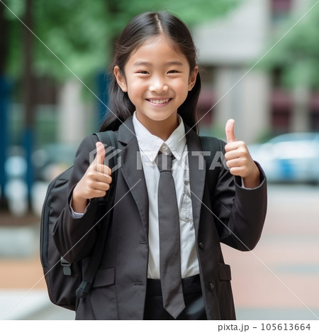 Happy little asian school girl smiling in city with thumbs up. Portrait of a happy young chinese schoolgirl with backpack standing on city street and looking to camera with a smile. Cheerful pupil Happy little asian school girl smiling in city with thumbs up. Portrait of a happy young chinese schoolgirl with backpack standing on city street and looking to camera with a smile. Cheerful pupil 105613664