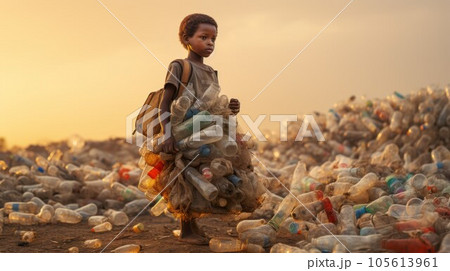 Poor African kid walking through a landfill of used dirty plastic bottles. Young muddy African boy standing in piles of trash. Plastic pollution concept. Child roaming through plastic waste alone. 105613961