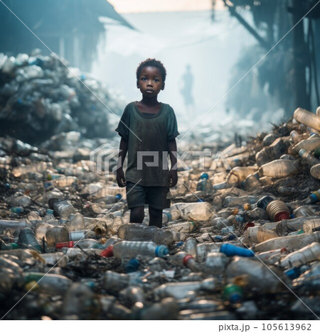 Poor African kid walking through a landfill of used dirty plastic bottles. Young muddy African boy standing in piles of trash. Plastic pollution concept. Child roaming through plastic waste alone. 105613962