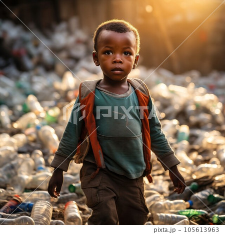 Poor African kid walking through a landfill of used dirty plastic bottles. Young muddy African boy standing in piles of trash. Plastic pollution concept. Child roaming through plastic waste alone. 105613963