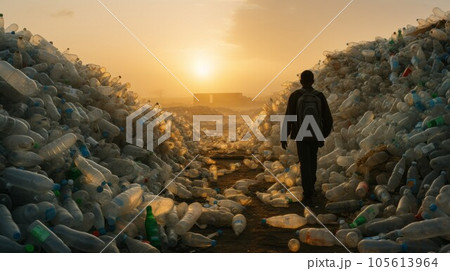 Silhouette of an African man walking through a landfill of used dirty plastic bottles during sunset. Young adult male standing in piles of trash. Plastic pollution concept. Man walking in waste. Silhouette of an African man walking through a landfill of used dirty plastic bottles during sunset. Young adult male standing in piles of trash. Plastic pollution concept. Man walking in waste. 105613964