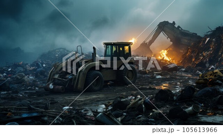 Dump truck in a waste dump with flames and...のイラスト素材 [105613966] - PIXTA