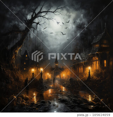 Halloween background with haunted house and full moon.  Halloween background with bats flying in old forest in the night sky and full moon. 105614059