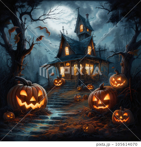 Halloween background with haunted house and glowing pumpkins with scary faces at deep foggy night with moonlight. Halloween background with bats flying in old forest in the night sky and full moon. Halloween background with haunted house and glowing pumpkins with scary faces at deep foggy night with moonlight. Halloween background with bats flying in old forest in the night sky and full moon. 105614070