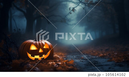 Scary Halloween pumpkin  standing along the path leading to the deep forest at deep night. Halloween  scary pumpkin in forest. Creepy glowing Halloween pumpkin in the dark forest. Halloween holiday 105614102