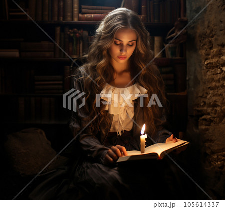 The girl reading a book with candlelights 105614337