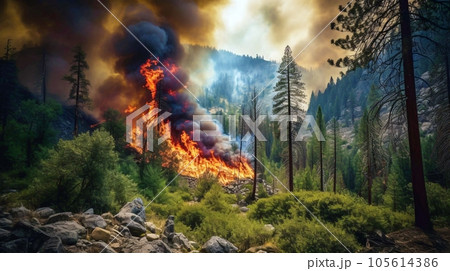 山火事、煙と炎に包まれる森林火災 AI生成画像 山火事、煙と炎に包まれる森林火災 AI生成画像 105614386