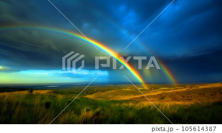 二重虹、空にかかる大きな虹の風景　AI生成画像 105614387