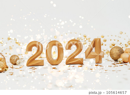 Greeting card - happy new year with numbers 2024 and gold glitter on light background. 105614657