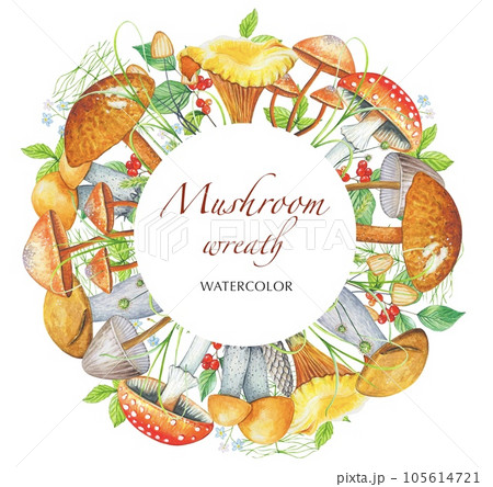 Watercolor round frame with mushrooms, flowers, leaves, herbs. Forest mushrooms. 105614721