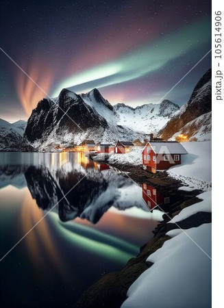 Beautiful village with aurora and star trail over night sky Created with Generative AI technology. Beautiful village with aurora and star trail over night sky Created with Generative AI technology. 105614906