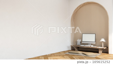The interior Computer and office tools on desk room muji style interior design. 3D rendering 105615252