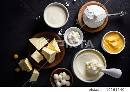 Different fresh delicious dairy products, cheese, butter, milk, cream, yogurt, top view photo on a black background, flatley 105615404
