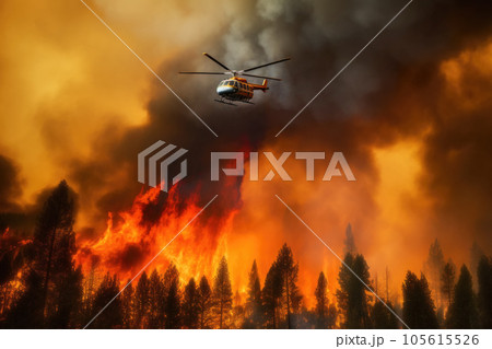 Firefighters' helicopter flying with great risk over smoke and flames of a dramatic forest wildfire 105615526