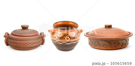 Set of clay pots isolated on white . Wide photo. Free space for text. 105615659