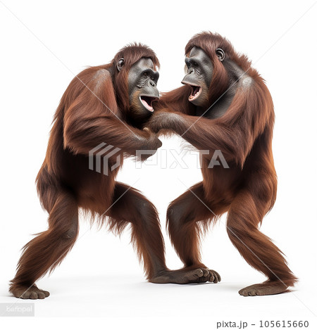 Two orangutans fight on a white background, duel battle of monkeys Two orangutans fight on a white background, duel battle of monkeys 105615660