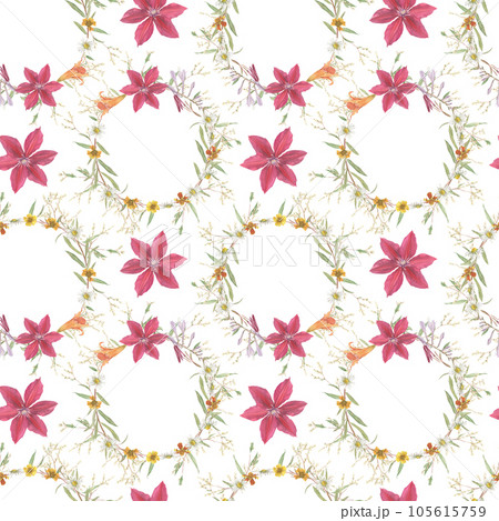 Seamless pattern of watercolor garden flowers on a white background. Daisies, clematis flowers and small garden greens. For packaging, fabrics and wallpapers in a Victorian, floral style. 105615759