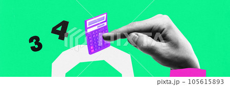 Art collage with huge human hand touch with finger bright violet calculator over green background with drawings. Art collage with huge human hand touch with finger bright violet calculator over green background with drawings. 105615893
