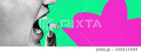 Art collage of big mouth and small classic megaphone, advertising and voice concept. Copy space for text. Banner. Art collage of big mouth and small classic megaphone, advertising and voice concept. Copy space for text. Banner. 105615894