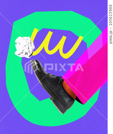 Contemporary art collage. Leg of angry man kicking, throwing away trash, smashed used paper. Contemporary art collage. Leg of angry man kicking, throwing away trash, smashed used paper. 105615908