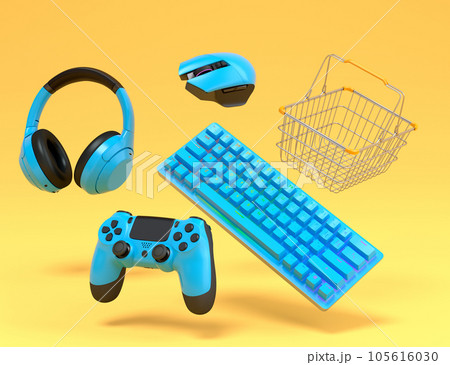 Gamer gears like mouse, keyboard, joystick, headset, VR and metal wire basket 105616030