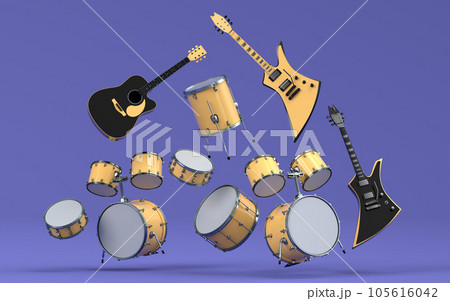 Set of electric acoustic guitars and drums with cymbals on purple background Set of electric acoustic guitars and drums with cymbals on purple background 105616042