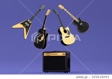 Set of electric acoustic guitars and amplifiers on purple background Set of electric acoustic guitars and amplifiers on purple background 105616043