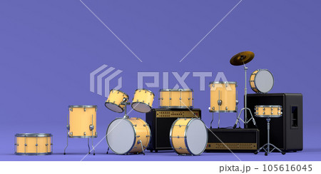 Set of electric acoustic guitars, amplifiers and drums with cymbal on purple 105616045