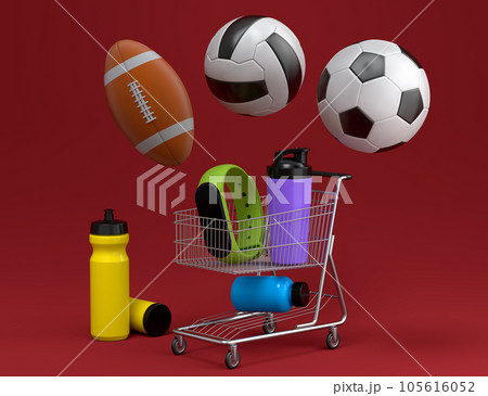 Sport equipment like sport shaker for protein drink in shopping cart on red 105616052