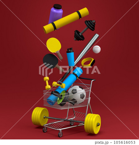 Sport equipment for fitness, gym in shopping cart on red Sport equipment for fitness, gym in shopping cart on red 105616053