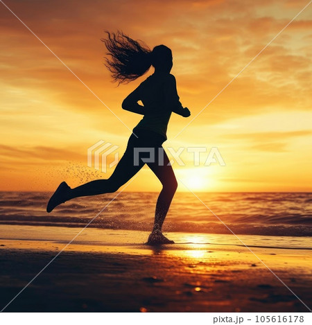 Young woman running on the beach at sunset - healthy lifestyle concept Young woman running on the beach at sunset - healthy lifestyle concept 105616178