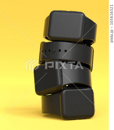 Stack of monochrome smart watches with colorful straps on yellow background. 105616321
