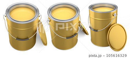 Set of metal cans or buckets of paint with handle on white background. 105616329