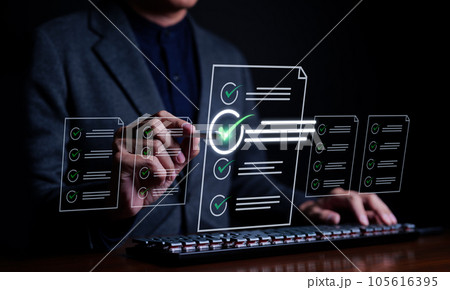 Businessman evaluating with checkboxes on online computer. assessment survey online, choose correct answer in test, questions test, online exam, quiz knowledge, filling out an survey form. Checkmark, 105616395