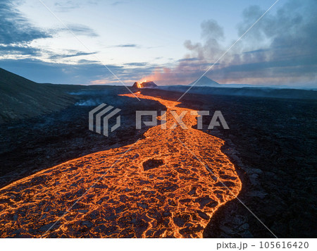 Aerial Panoramic view of Volcano Eruption, Litli-Hrutur Hill. 105616420