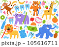 Animals brush teeth with fruit toothpaste, dental care illustrations for children, floss, oral care stickers, cute lion, giraffe, elephant 105616711