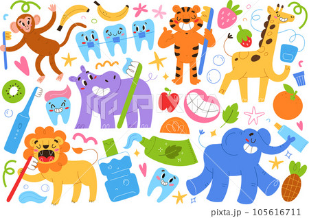 Animals brush teeth with fruit toothpaste, dental care illustrations for children, floss, oral care stickers, cute lion, giraffe, elephant 105616711