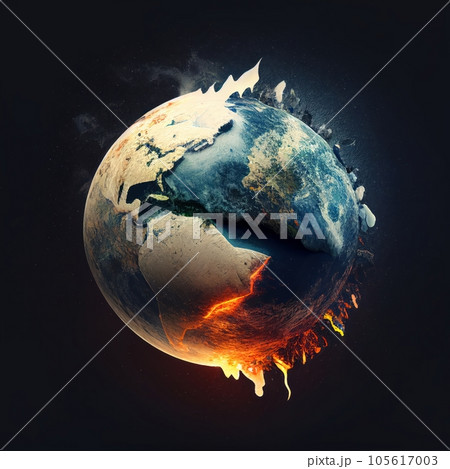 Planet earth globe illustration - global warming problem, ice and fire. Global warming, ecology, problem and environment concept , Generative AI 105617003