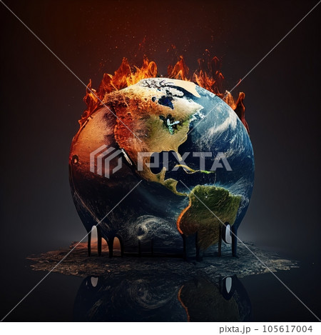 Planet globe illustration - global warming problem, Earth burn and melt. Global warming, ecology, problem and environment concept , Generative AI 105617004
