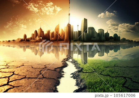 Split screen of drought land and green city. Ecology problem, global warming and environment concept, Generative AI 105617006